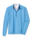 Men's Patron Quarter Zip in Niagara, flat lay front view featuring a solid light blue long sleeve quarter zip with a navy collar interior and ribbed cuffs and hem