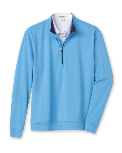 Men's Patron Quarter Zip in Niagara, flat lay front view featuring a solid light blue long sleeve quarter zip with a navy collar interior and ribbed cuffs and hem