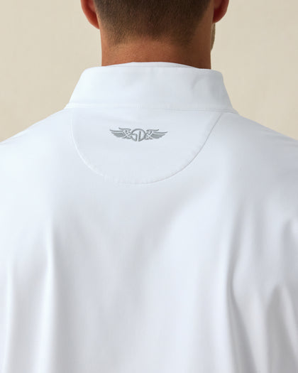 Men's Patron Quarter Zip in White Sage, close-up back view on model highlighting the Straight Down logo at upper back on a white base