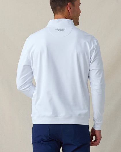 Men's Patron Quarter Zip in White Sage, back view on model featuring a white base with Straight Down logo at upper back, paired with navy pants