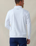 Men's Patron Quarter Zip in White Sage, back view on model featuring a white base with Straight Down logo at upper back, paired with navy pants