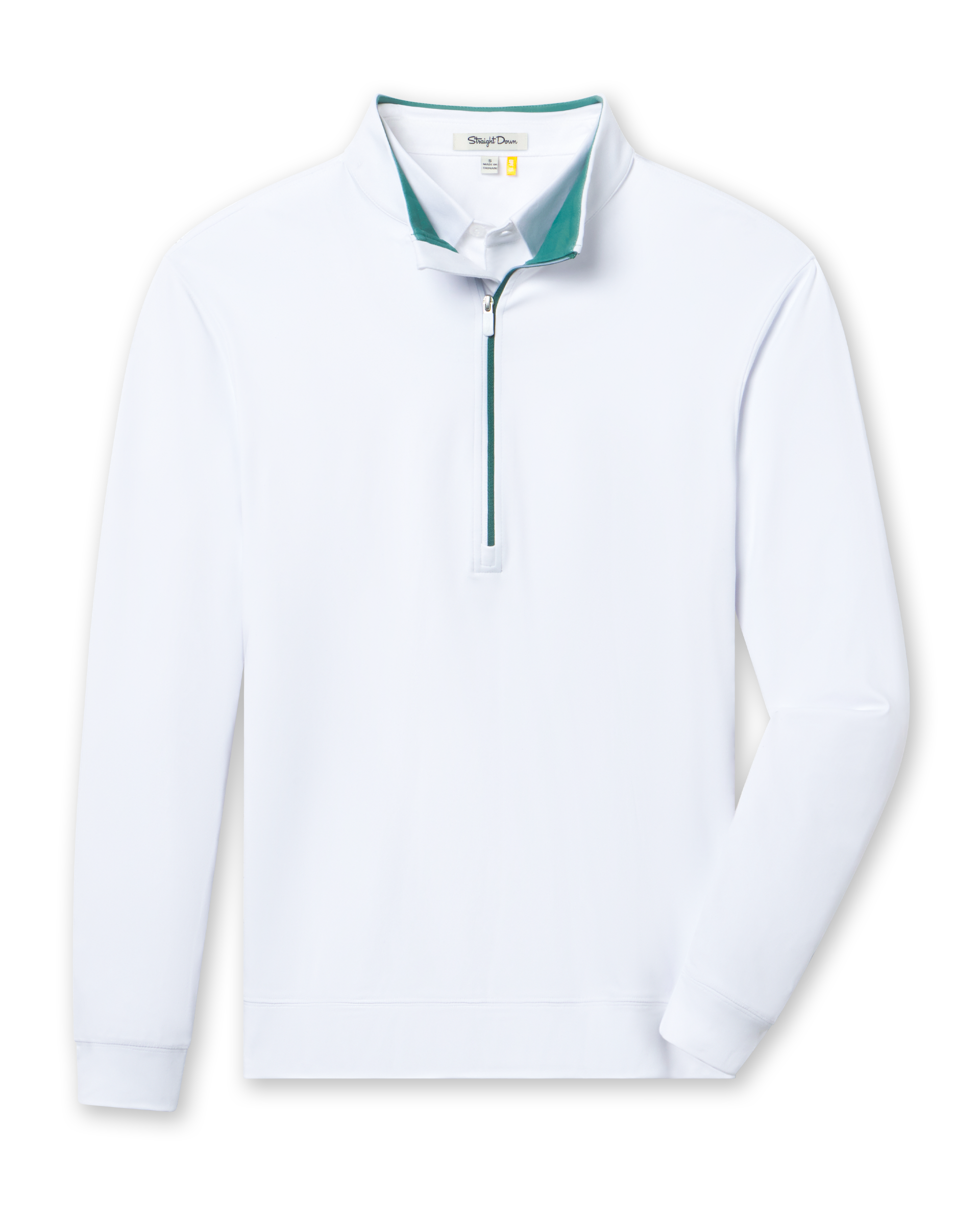 Men's Patron Quarter Zip in White Sage, flat lay front view featuring a solid white long sleeve quarter zip with a sage collar interior and ribbed cuffs and hem