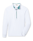 Men's Patron Quarter Zip in White Sage, flat lay front view featuring a solid white long sleeve quarter zip with a sage collar interior and ribbed cuffs and hem