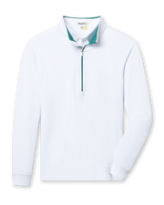 Men's Patron Quarter Zip in White Sage, flat lay front view featuring a solid white long sleeve quarter zip with a sage collar interior and ribbed cuffs and hem