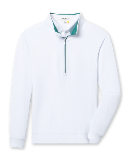 Men's Patron Quarter Zip in White Sage, flat lay front view featuring a solid white long sleeve quarter zip with a sage collar interior and ribbed cuffs and hem