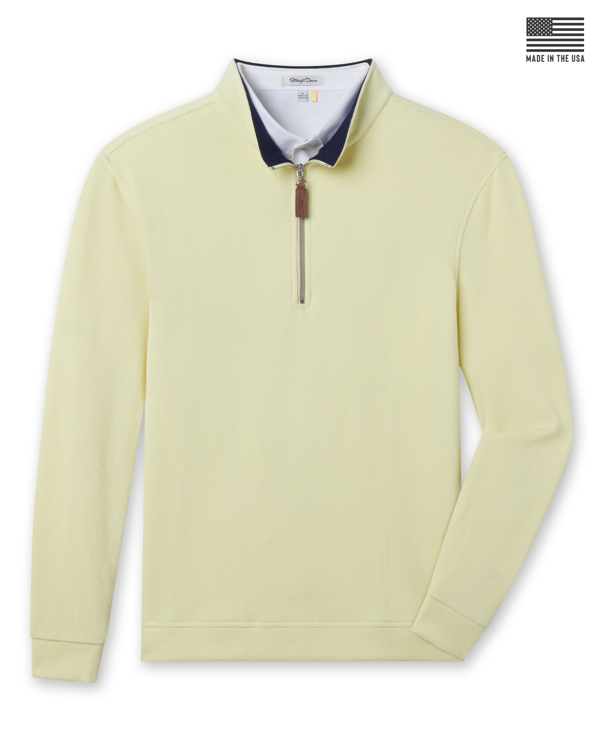 Men’s pale yellow quarter-zip pullover with ribbed texture, navy contrast collar, and zip closure featuring a leather pull tab. Made in the USA.
