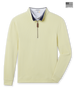 Men’s pale yellow quarter-zip pullover with ribbed texture, navy contrast collar, and zip closure featuring a leather pull tab. Made in the USA.