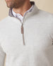 Men's Montecito Quarter Zip in Heather, close-up front view on model highlighting the silver quarter zip with leather Straight Down logo zip pull detail
