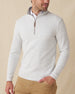 Men's Montecito Quarter Zip in Heather, front view on model featuring a light heather gray ribbed knit with silver quarter zip and leather zip pull, paired with tan pants