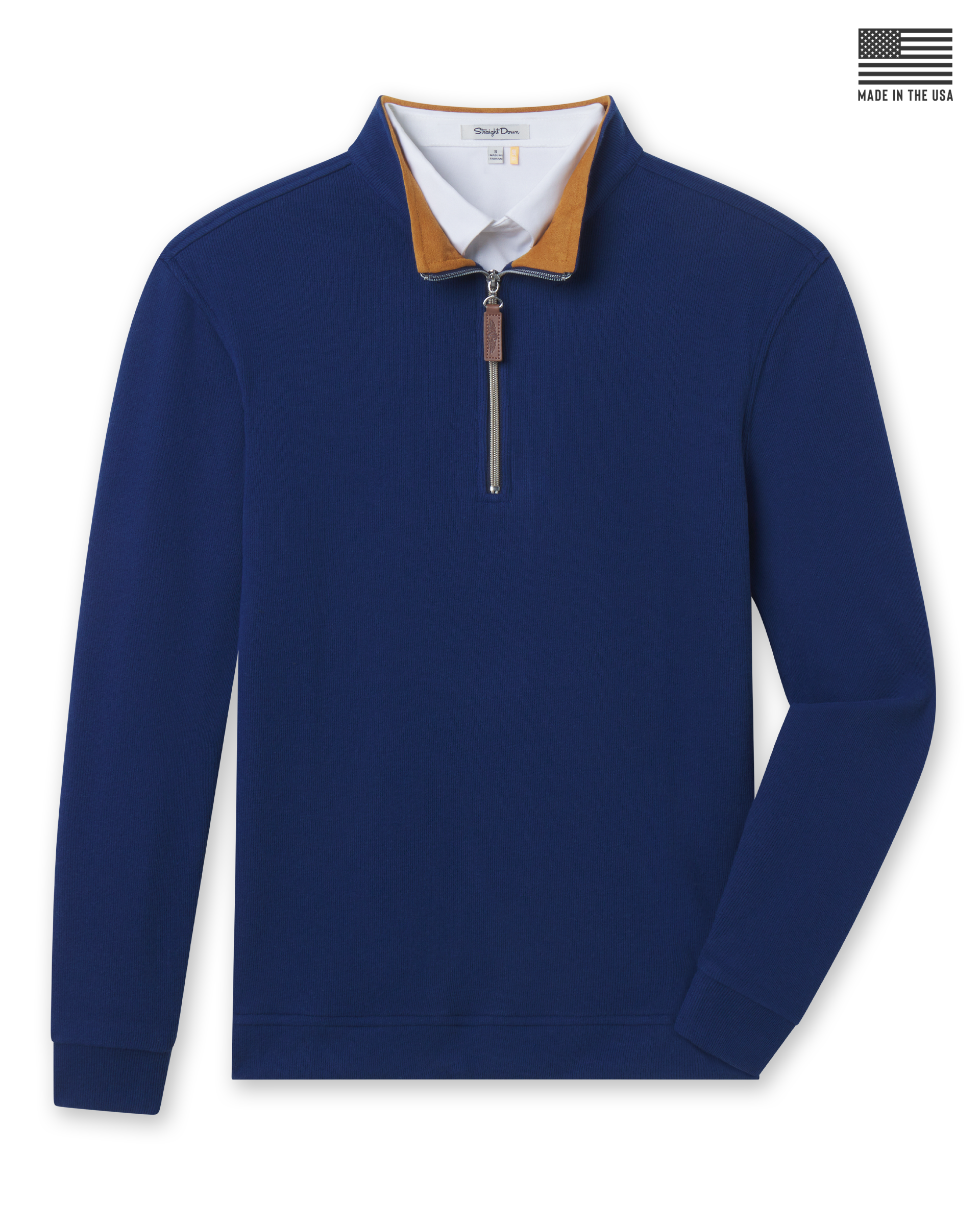 Men's Montecito Quarter Zip in New Indigo, flat lay front view featuring a solid navy long sleeve quarter zip with a gold collar interior, leather zipper pull, silver chain zipper, ribbed cuffs and hem