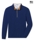 Men's Montecito Quarter Zip in New Indigo, flat lay front view featuring a solid navy long sleeve quarter zip with a gold collar interior, leather zipper pull, silver chain zipper, ribbed cuffs and hem