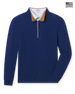 Men's Montecito Quarter Zip in New Indigo, flat lay front view featuring a solid navy long sleeve quarter zip with a gold collar interior, leather zipper pull, silver chain zipper, ribbed cuffs and hem