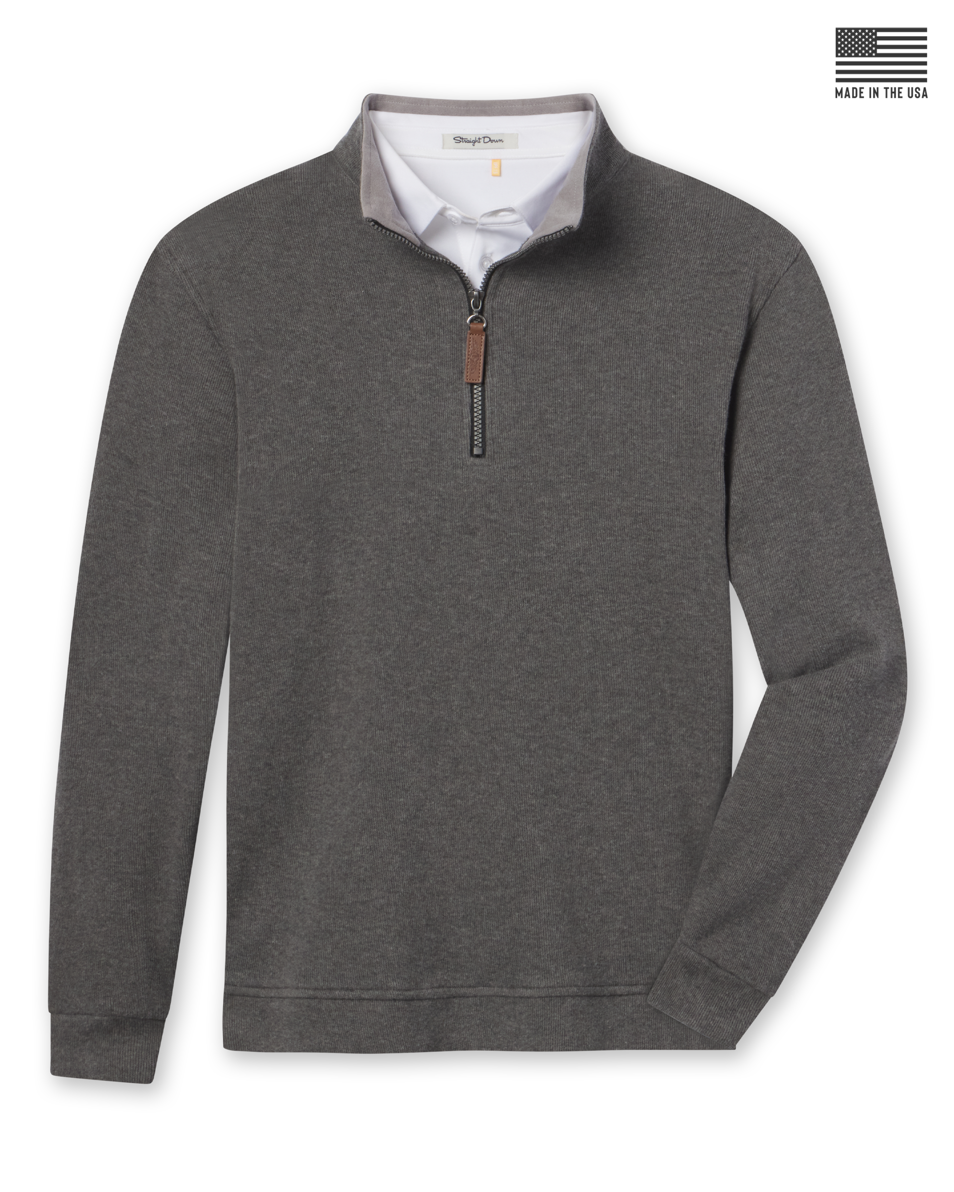 A dark heather gray quarter-zip pullover sweater with a contrasting light gray inner collar and a brown zipper pull, with a 'Made in the USA' flag graphic in the top right corner.
