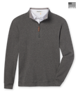 A dark heather gray quarter-zip pullover sweater with a contrasting light gray inner collar and a brown zipper pull, with a 'Made in the USA' flag graphic in the top right corner.