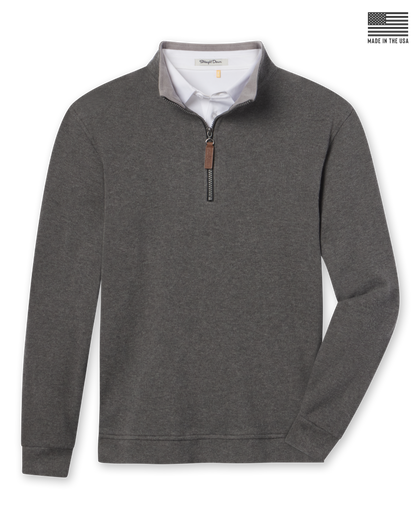 A dark heather gray quarter-zip pullover sweater with a contrasting light gray inner collar and a brown zipper pull, with a 'Made in the USA' flag graphic in the top right corner.