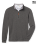 A dark heather gray quarter-zip pullover sweater with a contrasting light gray inner collar and a brown zipper pull, with a 'Made in the USA' flag graphic in the top right corner.