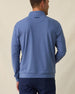 Men's Tiburon Quarter Zip in Moonlight, back view on model featuring a heathered jersey with tonal Straight Down logo embroidered at center back neck, paired with navy pants