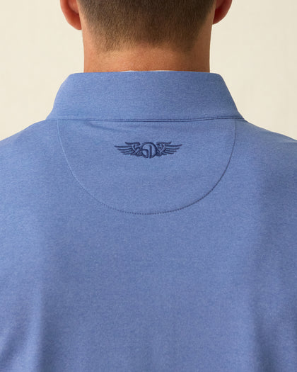 Men's Tiburon Quarter Zip in Moonlight, close-up back neck view on model highlighting the tonal Straight Down logo embroidered at center back neck