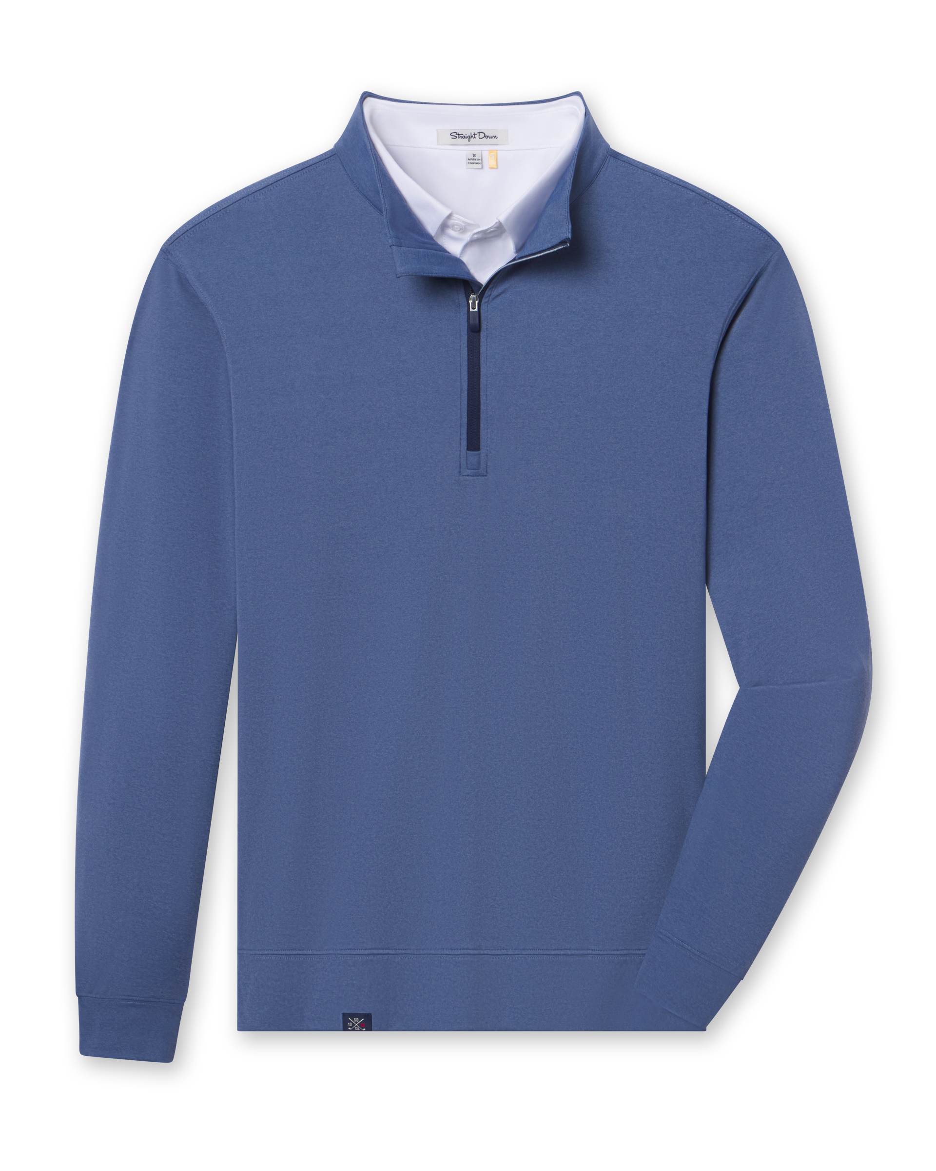 Blue buttery soft midweight quarter zip pullover layered with a white polo visible at the neckline
