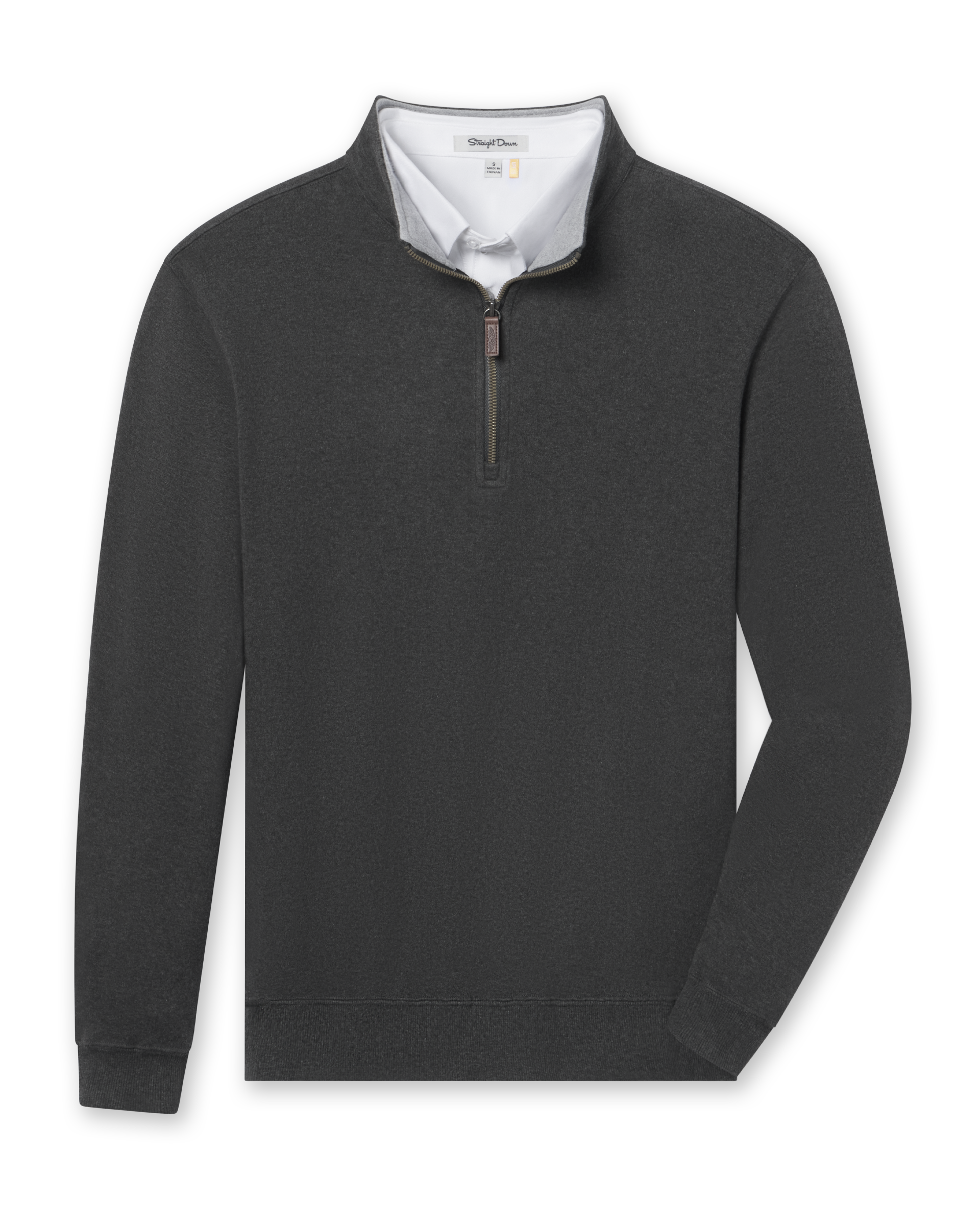 Men's Burnside 2.0 Quarter Zip in Charcoal, flat lay front view featuring a dark grey heathered quarter-zip pullover with ribbed cuffs