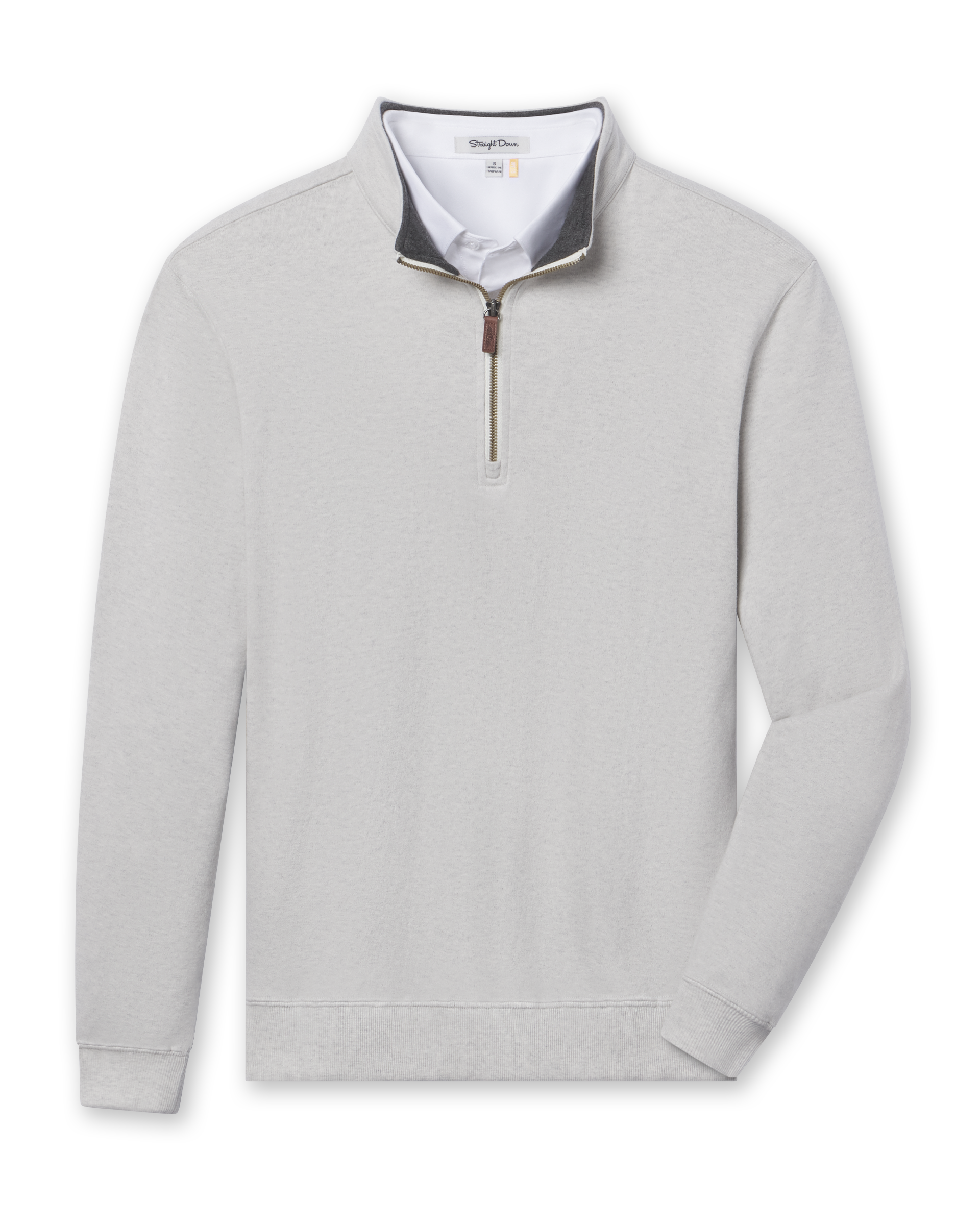 Men's Burnside 2.0 Quarter Zip in Heather, flat lay front view featuring a light grey heathered quarter-zip pullover with ribbed cuffs