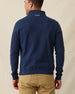 Men's Burnside 2.0 Quarter Zip in New Indigo, back view on model featuring a heathered fleece with Straight Down logo embroidered at center back neck, paired with khaki pants
