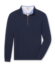 Men's Burnside 2.0 Quarter Zip in New Indigo, flat lay front view featuring a navy quarter-zip pullover with ribbed cuffs