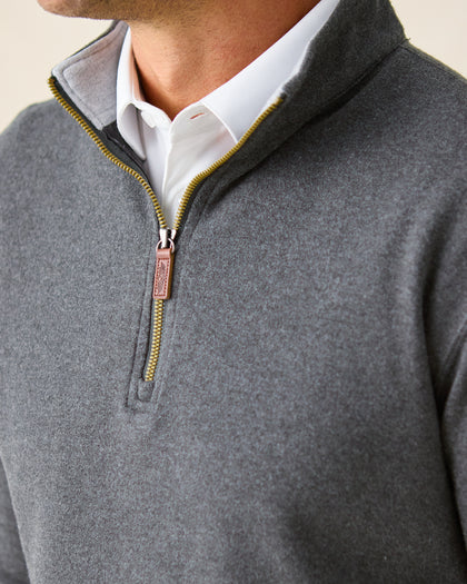 Men's Burnside 2.0 Quarter Zip in Charcoal, close-up front view on model highlighting the brass quarter zip with leather Straight Down logo zip pull detail