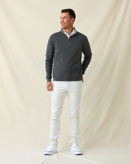 Men's Burnside 2.0 Quarter Zip in Charcoal, full length front view on model featuring a charcoal heather fleece with brass quarter zip, paired with white pants and white shoes