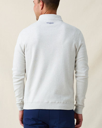 Men's Burnside 2.0 Quarter Zip in Heather, back view on model featuring the Straight Down logo embroidered at the upper back, paired with navy pants