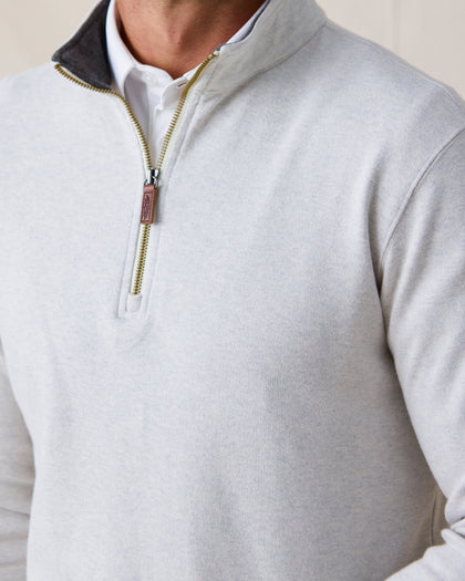 Men's Burnside 2.0 Quarter Zip in Heather, close-up front view on model highlighting the brass quarter zip with leather Straight Down logo zip pull detail