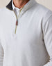 Men's Burnside 2.0 Quarter Zip in Heather, close-up front view on model highlighting the brass quarter zip with leather Straight Down logo zip pull detail
