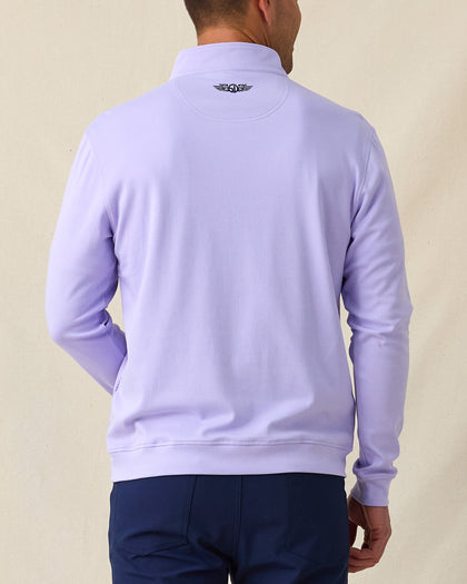 Men's Cardiff Quarter Zip in Violet, back view on model featuring a smooth back panel with Straight Down logo embroidered at center back neck, paired with navy pants