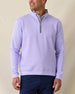 Men's Cardiff Quarter Zip in Violet, front view on model featuring a bubble knit texture with navy interior lining and silver zipper, layered over a white polo, paired with navy pants