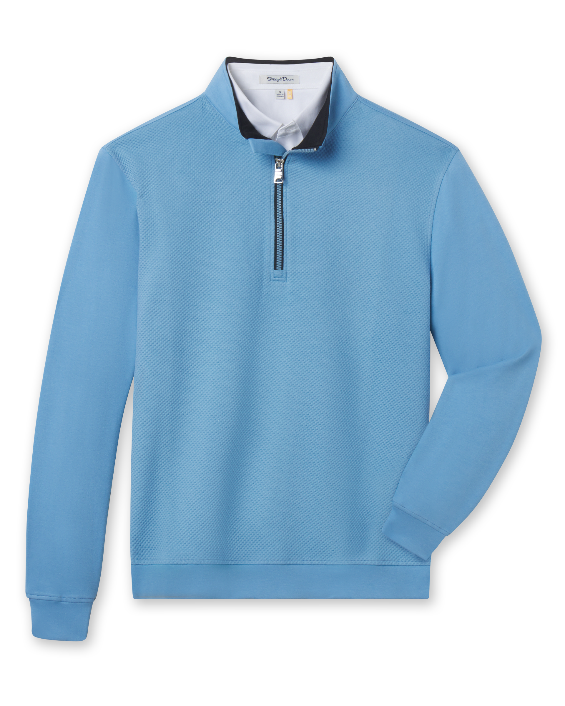 Men's Cardiff Quarter Zip in Coastal, flat lay front view featuring a light blue textured quarter-zip pullover with contrast navy collar interior and ribbed cuffs