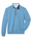 Men's Cardiff Quarter Zip in Coastal, flat lay front view featuring a light blue textured quarter-zip pullover with contrast navy collar interior and ribbed cuffs