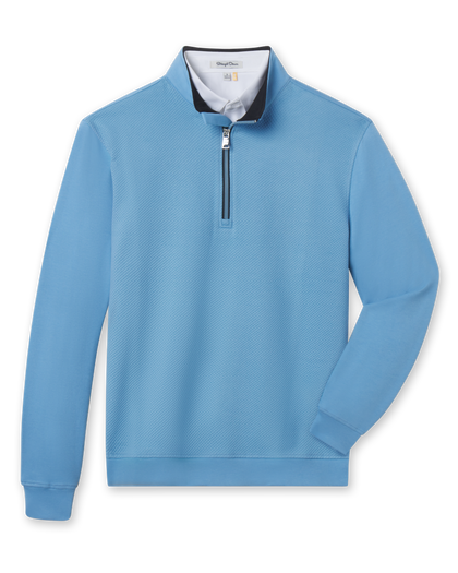Men's Cardiff Quarter Zip in Coastal, flat lay front view featuring a light blue textured quarter-zip pullover with contrast navy collar interior and ribbed cuffs