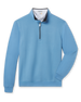Men's Cardiff Quarter Zip in Coastal, flat lay front view featuring a light blue textured quarter-zip pullover with contrast navy collar interior and ribbed cuffs