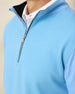 Men's Cardiff Quarter Zip in Coastal, zip detail view featuring a textured waffle-knit front panel in medium blue with a navy contrast zip placket and collar lining