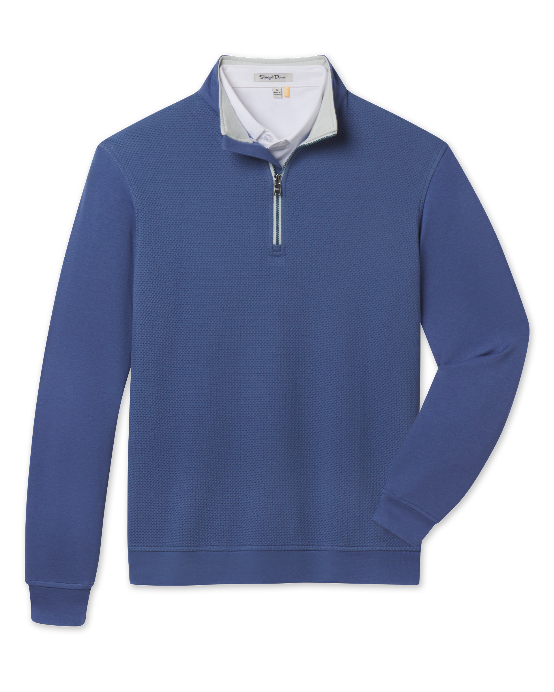 A men's quarter-zip pullover sweater in a blue color, featuring a white inner collar and a silver zipper, displayed on a clean white background.