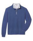 A men's quarter-zip pullover sweater in a blue color, featuring a white inner collar and a silver zipper, displayed on a clean white background.