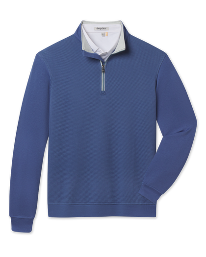 A men's quarter-zip pullover sweater in a blue color, featuring a white inner collar and a silver zipper, displayed on a clean white background.
