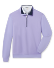 Men's Cardiff Quarter Zip in Violet, flat lay front view featuring a light purple textured quarter-zip pullover with contrast navy collar interior and ribbed cuffs