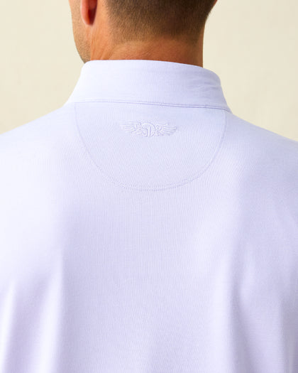 Men's Palmetto Quarter Zip in Violet, close-up back neck view on model highlighting the tonal Straight Down logo embroidered at center back neck