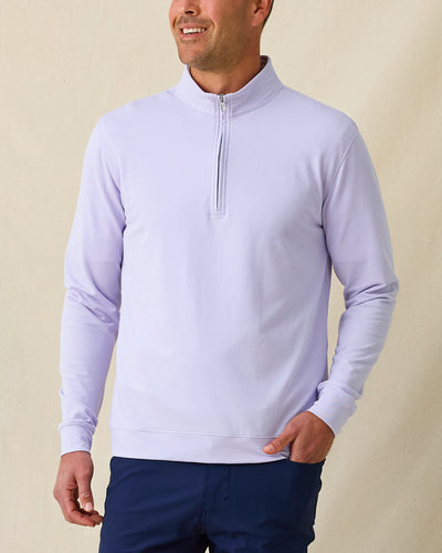 Men's Palmetto Quarter Zip in Violet, front view on model featuring a tonal quarter zip placket, paired with navy pants