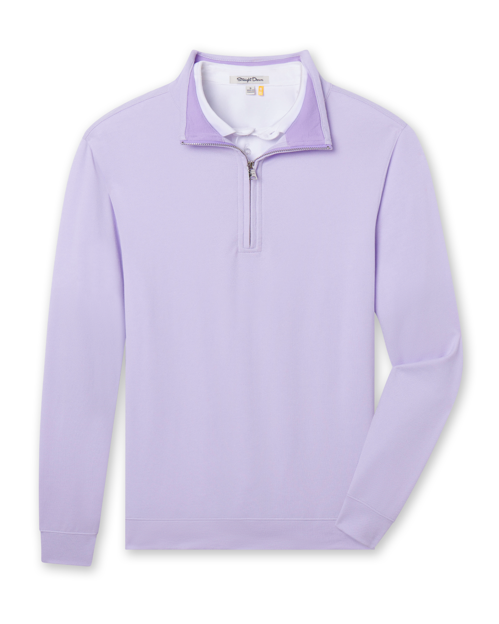 Men's Palmetto Quarter Zip in Violet, flat lay front view featuring a solid light purple long sleeve quarter zip with a purple collar interior and ribbed cuffs and hem