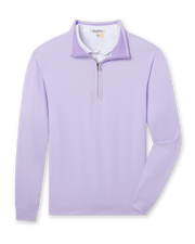 Men's Palmetto Quarter Zip in Violet, flat lay front view featuring a solid light purple long sleeve quarter zip with a purple collar interior and ribbed cuffs and hem