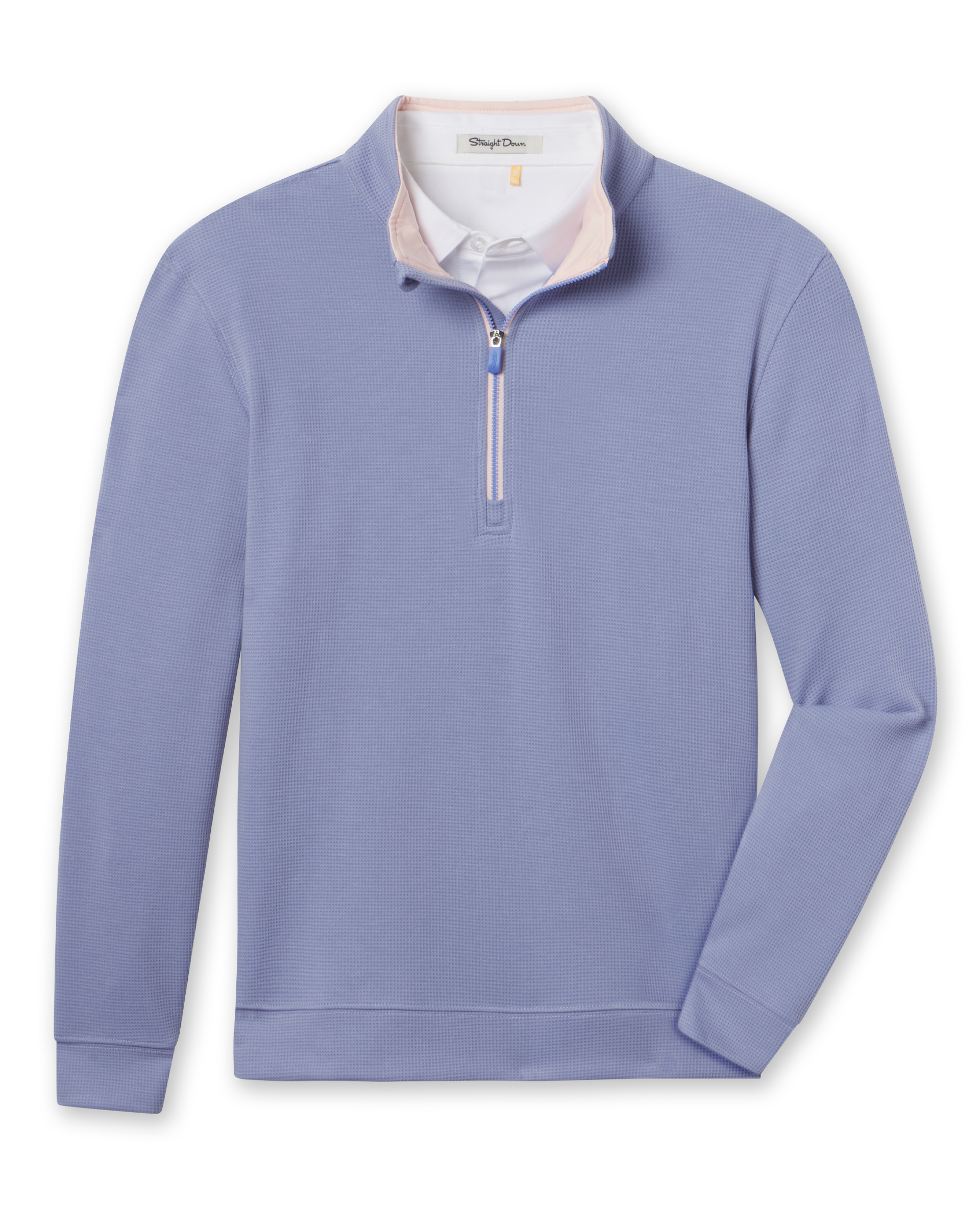 Warren Quarter Zip in Blue Shade with textured mini-grid fabric, a stand collar and blush zipper trim.