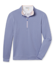 Warren Quarter Zip in Blue Shade with textured mini-grid fabric, a stand collar and blush zipper trim.