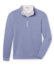 Warren Quarter Zip in Blue Shade with textured mini-grid fabric, a stand collar and blush zipper trim.